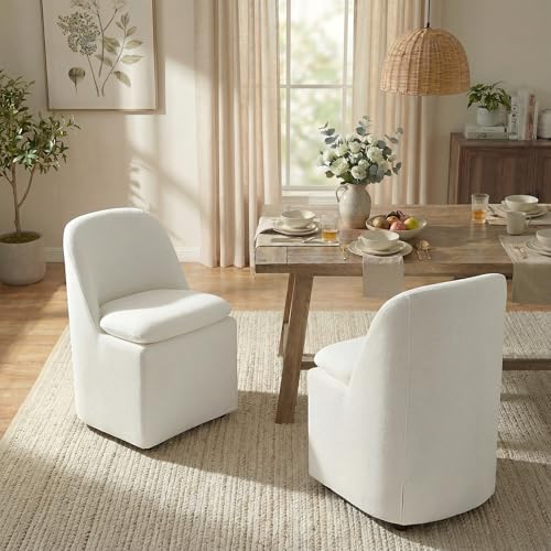 KISLOT Upholstered Dining Chairs with Casters, Washable Cover Modern Dining Room Chairs with Thick Cushion & Sturdy Metal Frame for Kitchen, Living Room, Dressing Room, Linen Fabric, Set of 2 - color: Linen, size: set of 2