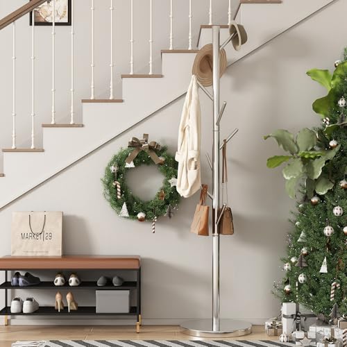 Coat Rack Freestanding Metal Coat Rack Stand with 8 Hooks,Silver | Sturdy Heavy Duty Modern Coats Tree for Bags Clothes Hall Tree Hats Hanger Holder Stand for Entryway Bedroom Hallway Office - color: Silver with 8 Hooks