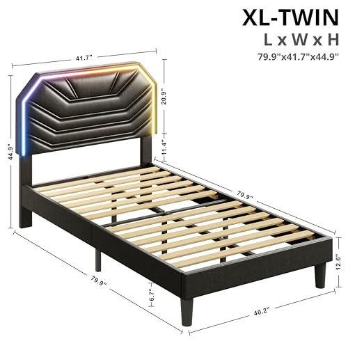 LIKIMIO Upholstered Twin XL Bed Frames with LED Light Headboard | Modern Cama Twin XL Platform Bed Frame with Heavy Duty Supports, No Box Spring Need, Noise Free, Easy Assembly, Black - color: Black, size: Twin XL