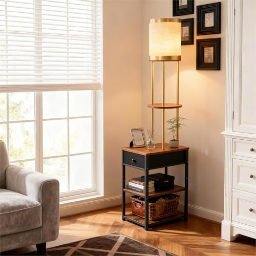 Lightdot 65IN Floor Lamps with Storage Table&Drawer, Corner Shelf Lamps with Black End Table and Fabric Shade, Modern Standing Tall Lamp for Living Room/Bedroom/Sofa Beside/Corner Decor(Bulb Included)