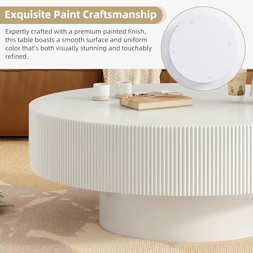 31.5" White Round Coffee Table with 6.8" Thick Tabletop & Sturdy Base, Modern Drum Center Table Circle Accent Side Table for Living Room, Minimalist Fluted Design, White - color: 31.5" Round Style 1, White
