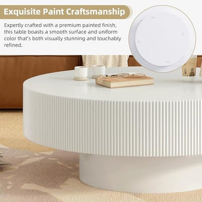 31.5" White Round Coffee Table with 6.8" Thick Tabletop & Sturdy Base, Modern Drum Center Table Circle Accent Side Table for Living Room, Minimalist Fluted Design, White - color: 31.5" Round Style 1, White