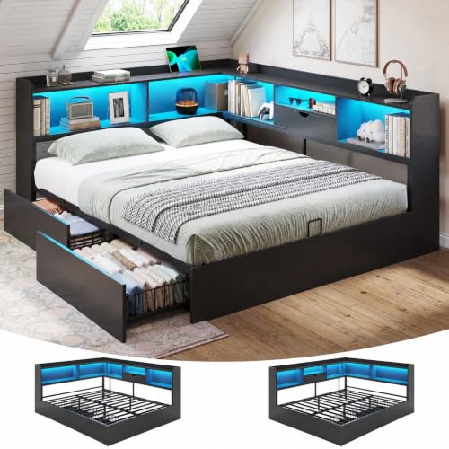 DICTAC Corner Queen Bed Frame with Storage Bookcase & Headboard, Queen Size Platform Corner Bed Frame with 2 Drawers, LED Lights & Charging Station, Wood Daybed for Teen Adult with Metal Slats, Black - color: Black, size: Queen