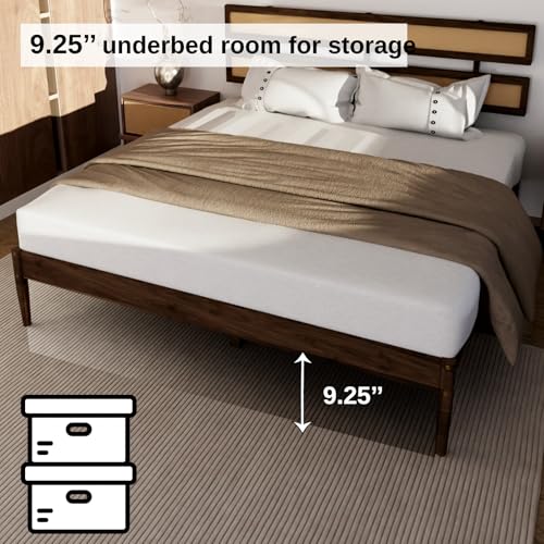VINGLI Solid Wood Full Size Rattan Bed Frame with Headboard, Boho Platform Panel Bed,Brown - size: Full