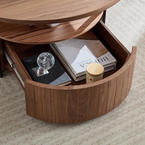 33.07" Round Coffee Table with Storage, 2 Tier Modern Wood Center Table with Drawer, 2 Tiers and 1 Drawer, Accent Table for Living Room, Apartment, Small Space.(Walnut) - color: Walnut-a