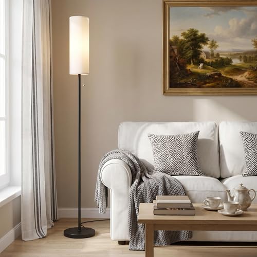 64" Floor Lamp with Bulb & Lampshade & Chain Switch, White & Black | 3 Color Temperature,9W LED bulb,Minimalist Floor Lamp,Tall Pole Lamps,Living Room - color: white & black Classic, size: 64.56 inches 1PCS