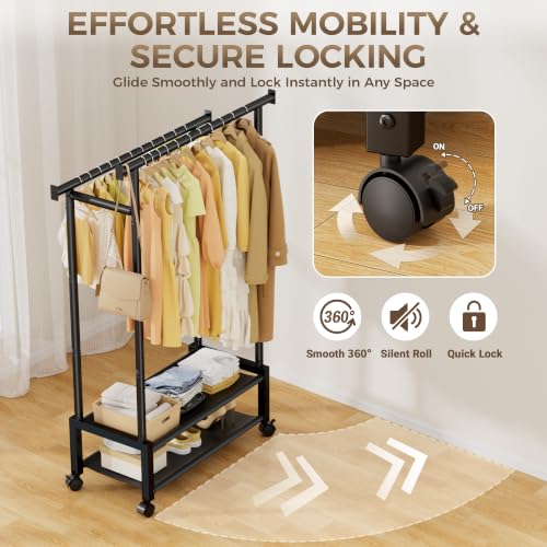 Double Rod Clothing Rack with 2 Shelves, Rolling, Black | All tools included, metal frame, 4 casters with 2 locking, for bedroom, laundry, and entryway - color: Black
