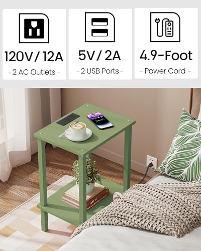 TUTOTAK End Table with Charging Station, Side Table Set of 2, Nightstand | 2-Tier Storage Shelf, Bedside Table with USB Ports, Sofa Table for Small Space, Livingroom, Bedroom Olive Green TB01BOG041 - color: Olive Green