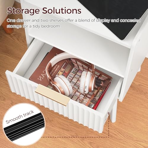 MAHANCRIS White Nightstand with Charging Station, Modern Bedside Table with Drawer and Storage Shelf, End Side Table with Solid Wood Legs, Night Stand, Living Room, Bedroom, Small Space, ETWT61E01N1 - color: White