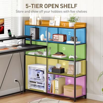 L Shaped Gaming Desk with Bookshelf, 52'' Reversible Computer Desk with LED Light & Power Outlet, Corner Desk with Storage Shelves and Monitor Stand for Home Office, Black