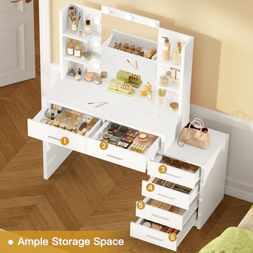 Quimoo 43.3" W Vanity Desk with Mirror and 9 LED Lights, Makeup Vanity with 6 Drawers, 6 Open Shelves, White Vanity for Women Girls, 43.3" W x 13.8" D x 54.3" - color: White 6 Drawers