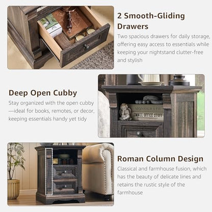 Farmhouse Nightstand Set of 2, 18" Sofa Side Table with Charging Station | Wood End Table w/Roman Column, Bedside Cabinet for Bedroom, Living Room, Dark Rustic Oak - color: Dark Rustic Oak, size: 18"D x 18"W x 24"H