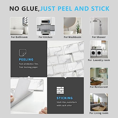 URCOLOR 10-Sheet Backsplash Tile for Kitchen Peel and Stick,12"x12" Self Adhesive Wall Tiles on Back Splashes for Bathroom White Marble Look - color: White