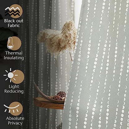 jinchan Boho Blackout Curtains 63 Inch Length Moon Phase Printed Drapes | Grey Farmhouse Curtains for Bedroom Living Room Back Tab Rod Pocket Drapes Room Darkening Window Treatments 2 Panels - color: Luna | Grey, size: 52"W x 63"L (Pack of 2)