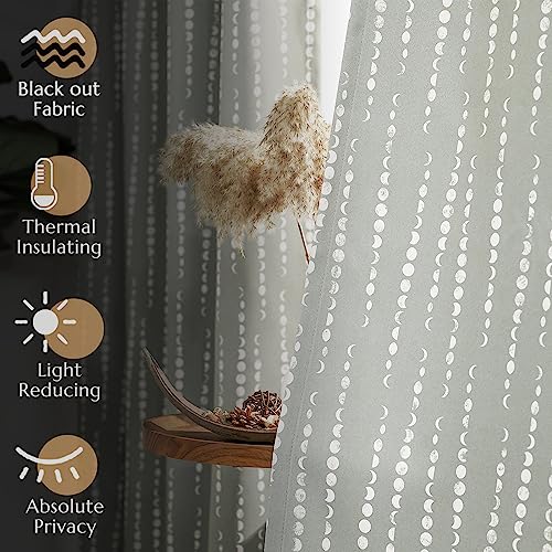 jinchan Boho Blackout Curtains 63 Inch Length Moon Phase Printed Drapes | Grey Farmhouse Curtains for Bedroom Living Room Back Tab Rod Pocket Drapes Room Darkening Window Treatments 2 Panels - color: Luna | Grey, size: 52"W x 63"L (Pack of 2)