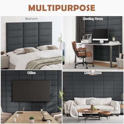 IFNOW Wall Mounted Headboard, Peel and Stick Panels, Black, Queen | 3D Soundproof Acoustic Padding, Reusable and Removable, Tufted fabric Bed Headboard, for bedroom (9 Panels, 10" x 24") - color: Fabric-black, size: Queen