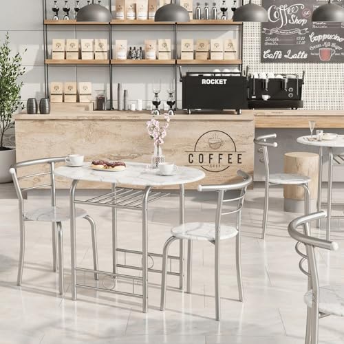 Shahoo 3-Piece Dining Table Set for 2, Kitchen Breakfast Nook Set | 2 Chairs & Round Tabletop, Space Saving Wooden Furniture Metal Frame and Built-in Wine Rack, Marble White - color: Marble White