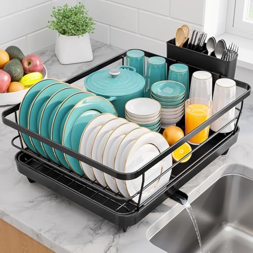 Sakugi Dish Drying Rack - Stainless Steel Dish Rack with Drainboard for Kitchen Counter and Sink, 15.6" D x 12" W x 5" H, Black - color: Black, size: 15.6"D x 12"W x 5"H
