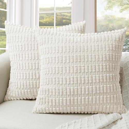 Pack of 2 Corduroy Decorative Throw Pillow Covers 22x22 Inch, Cream Beige | Soft Striped Farmhouse Boho Modern Home Decor Throw Pillow Covers for Couch Sofa Bedroom Living Room - color: Cream, size: 22" x 22" (Pack of 2)