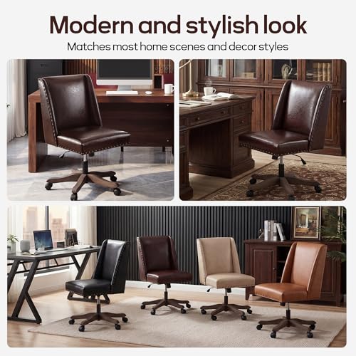 Upholstered Armless Office Chair Faux Leather Swivel Home Desk Office Chair | Modern Comfy Boho Office Chair with Wheels Adjustable Desk Chair no Arms for Sewing Women Farmhouse Study Studio PU Reddish - color: Reddish