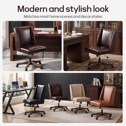 Upholstered Armless Office Chair Faux Leather Swivel Home Desk Office Chair | Modern Comfy Boho Office Chair with Wheels Adjustable Desk Chair no Arms for Sewing Women Farmhouse Study Studio PU Reddish - color: Reddish