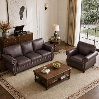 88" W Living Room Furniture Sets, 3-Seater&Single, Brown | Faux Leather Fabric Sofa and Couch Sets, Mid-Century 3-Seater Sofa Set with Nailhead Trim - color: Brown, size: M-4 seat