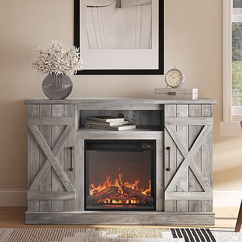 BELLEZE 47" TV Stand with 18" Electric Fireplace Heater & Media Entertainment Center Console Table for TV up to 50" with Open Storage Shelves & Cabinets - Veropeso (Grey Wash) - color: Gray Wash, style: 47" TV Stand/W 18" Fireplace