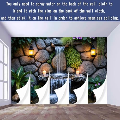 Custom Size Wall Murals, Serene Backyard Water Feature Rustic Stone Wall Lanterns, Self-Adhesive Removable Wall Covering Fabric, Large Photo Wallpaper for Living Room Bedroom Kitchen Office Kids