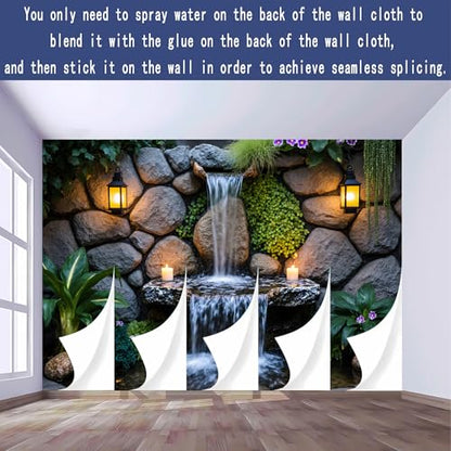 Custom Size Wall Murals, Serene Backyard Water Feature Rustic Stone Wall Lanterns, Self-Adhesive Removable Wall Covering Fabric, Large Photo Wallpaper for Living Room Bedroom Kitchen Office Kids