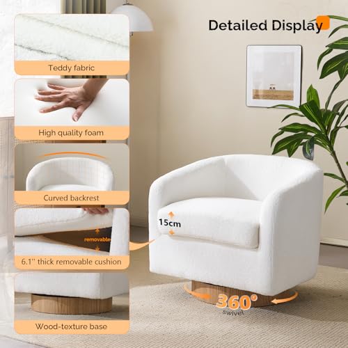 VINGLI 360°Swivel Accent Chairs Set of 2 with Engineered Wood Base and Removable Cushion for Living Room, Bedroom, Curved Back Barrel Chairs for Small Space, Upholstered Bucket Armchairs, Teddy White - color: Teddy-white