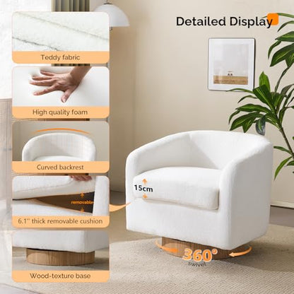 VINGLI 360°Swivel Accent Chairs Set of 2 with Engineered Wood Base and Removable Cushion for Living Room, Bedroom, Curved Back Barrel Chairs for Small Space, Upholstered Bucket Armchairs, Teddy White - color: Teddy-white