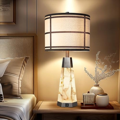 KIVDITZO 27" Alabaster Bedside Table Lamps Set of 2 with Night Light | Bedroom Lamps with Night Light, Living Room Lamps with USB A+C Ports, Table Lamp with Linen Shade for Bedside, Bulbs Included - color: Bronze