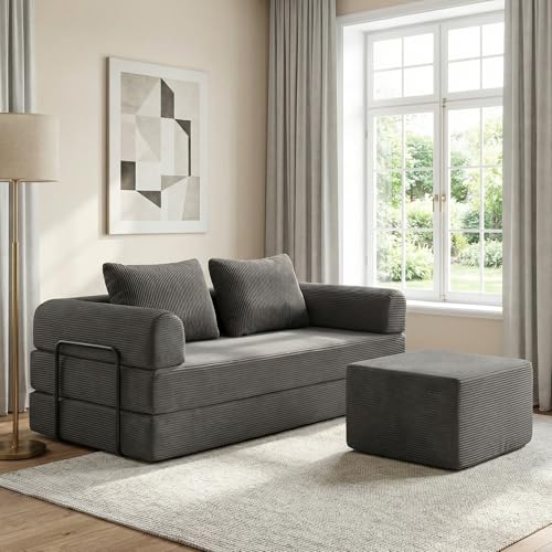 78" Convertible Corduroy Sofa Bed with Ottoman, 5-in-1 Folding Floor Mattress Couch, Corduroy Futon Couch with Storage Pocket, Sleeper Sofa for Living Room, Apartment (Grey) - color: Grey