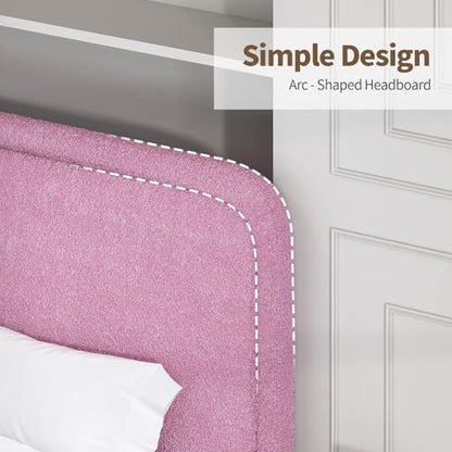 BarnFurin Full Bed Frame, Cloud Boucle Headboard, Low Profile, Rose Pink | Soft boucle and rounded edges create a low-profile cloud look. Wooden slats support the mattress without a box spring - color: Rose Pink, size: Full