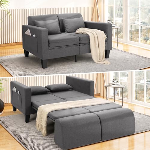 6-in-1 Convertible Sofa Bed, 58" Loveseat Sleeper Sofas, Gray | Pull Out Couch Bed with Removable Backrest, Storage Pockets and 2 Pillows, Modern Folding Linen Futon Couch for Small Spaces - color: Gray(58" W), size: 58" W