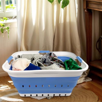 SAMMART 42L (11 gallon) Collapsible Plastic Laundry Basket - Foldable Pop Up Storage Container/Organizer - Space Saving Hamper/Basket (1, White/Little Boy Blue) - color: White/Little Boy Blue