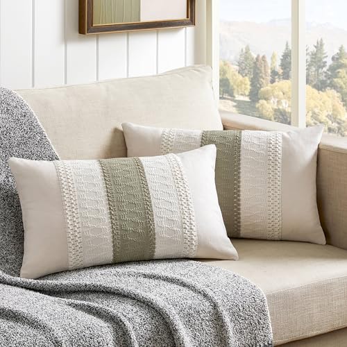 2 Pack Boho Lumbar Pillow Covers, Contrast Dark Sage 12x20in | Soft Breathable Cotton, Farmhouse Decorative Couch Pillow Cases, Cushion Covers for Sofa Bed Living Room Home Decor - color: Contrast/Dark Sage, size: 20" x 12" (Pack of 2)