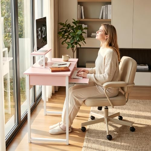 ALISENED Computer Desk with Keyboard Tray and Monitor Stand, 30 Inch Small Desk for Bedroom Home Office, Compact Gaming Desk Shelf, Pink (Pink, 30") - color: Pink, size: 30"