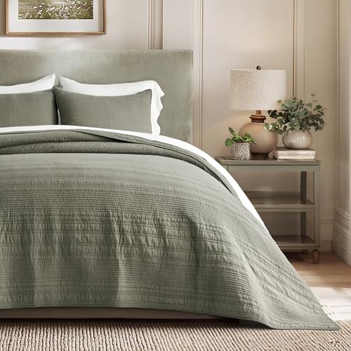 EVERGRACEHOME 100% Cotton Quilt Set Oversized Cal King, Olive Green | Pre-Washed Soft Cotton, Striped Coverlet Bedspread, 3 Piece Lightweight Bedding Set for All Season, with 2 Pillow Shams - color: Olive Green, size: Oversized Cal King (118" X 102")