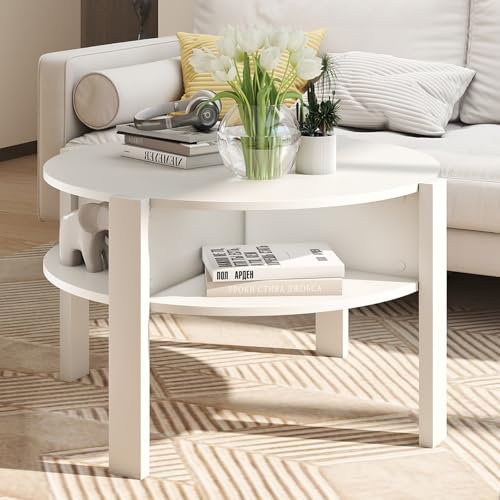 GIANTEX Round Coffee Table, Mid Century Modern Center Table (White) | 2-Tier Storage Shelves & 4 Side Compartments, Wood Coffee Table for Living Room, Small Spaces - color: White