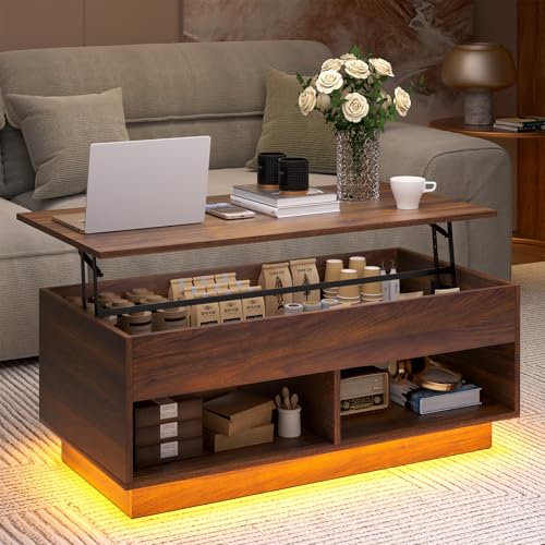 HOMMPA LED Coffee Tables for Living Room, 40 Inch Lift Top Coffee Table with Hidden Storage Mid Century Modern Center Table, Smart Gaming Tea Tables for Home Office Walnut - color: Walnut, size: 2 Shelves
