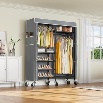 VIPEK R4C Rolling Clothes Rack with Cover, Portable Garment Rack on Wheels | Grey Zippered Polyester Cover, 360° Movable Wheels, Heavy Duty Clothing Rack with 6 Metal Wire Shelves, Max Load 620 lbs - color: Black Rack with Grey Cover, style: R4C