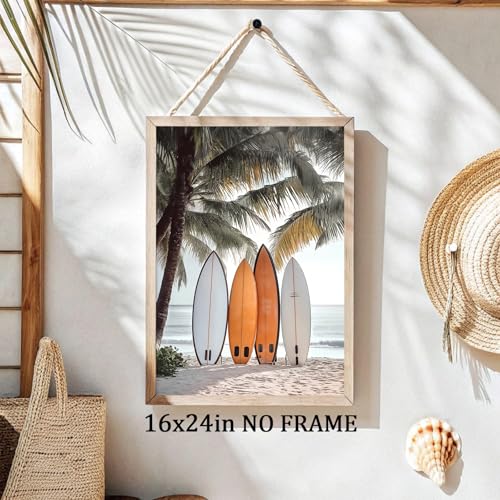 Surfboard Ocean Art Neutral Coastal Pictures Ocean Beach Scene Picture Palm Tree Artwork Coastal Boho Prints Summer Landscape Canvas Surf Beach Prints Seaside Paintings for Home Room 16x24in Frameless - color: B1Unframed