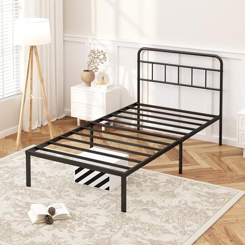 Kujielan 12 inches Twin Bed Frame with Minimalist headboard, Black | Metal Platform Base with Strong Metal Slats,Mattress Foundation for Under Bed Storage,Easy Assembly - size: Twin