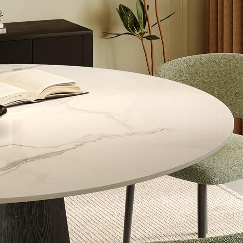 53" Round Dining Table for 6, Sintered Stone Top Solid Wood Pedestal, Snowy White+Black (Table Only) - color: Snowy White+black, size: 53"