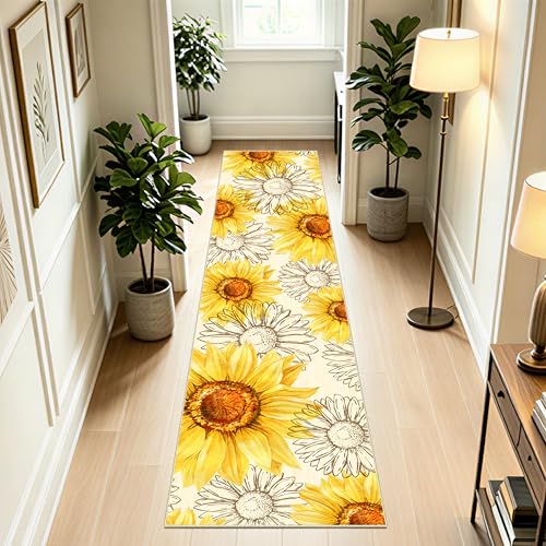 AooHHooA Sunflower Runner Rug 2x8 Non-Slip Washable Yellow | Modern Rustic Sunflower Runner Rug with Non-Slip Backing, Long Rug for Hallway Kitchen Entryway Laundry - color: Sunflower-1, size: 2' x 8' (Runner)