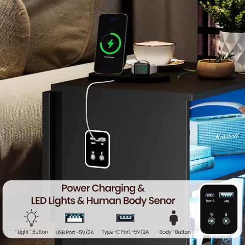 Lareth Rolling Side Table with Wheels, Led Lights & Charging Station | Foldable Desktop Narrow End Table, 1 Drawer, 2 Bookshleves, 27.56"H Tall Nightstand for Small Space, Living Room, Black - color: B Black