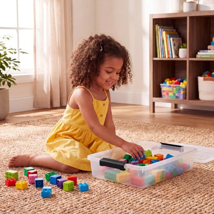 6 Qt Plastic Storage Bins with Lids,Sensory Bins,Stackable Clear Containers with Secure Latches,Multi-Purpose Classroom Storage Organizer for Craft Supplies,Paper & Office Stationery,4 Pack,Black | Stackable, Secure Latches, Multi-Purpose Classroom Storag