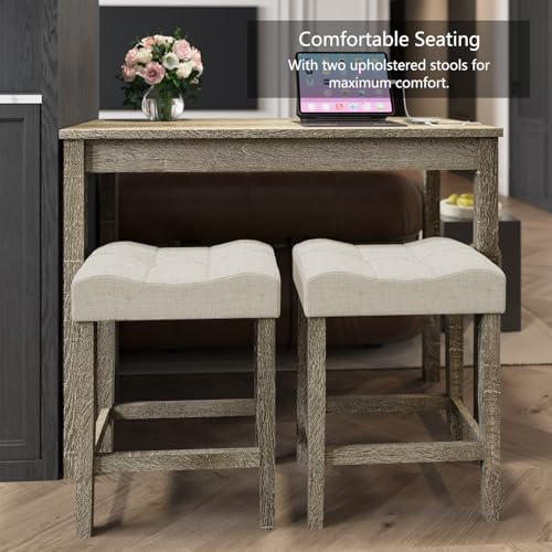 allamazing 3-Piece Counter Height Bar Table Set with Socket and 2 Fabric Padded Bar Stools, Tall Kitchen Breakfast Dining Table Set with Stools (1+2 Natural) - color: 1+2 Natural