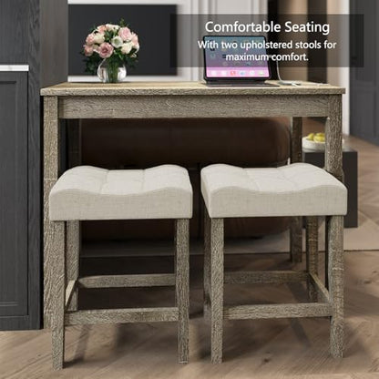allamazing 3-Piece Counter Height Bar Table Set with Socket and 2 Fabric Padded Bar Stools, Tall Kitchen Breakfast Dining Table Set with Stools (1+2 Natural) - color: 1+2 Natural